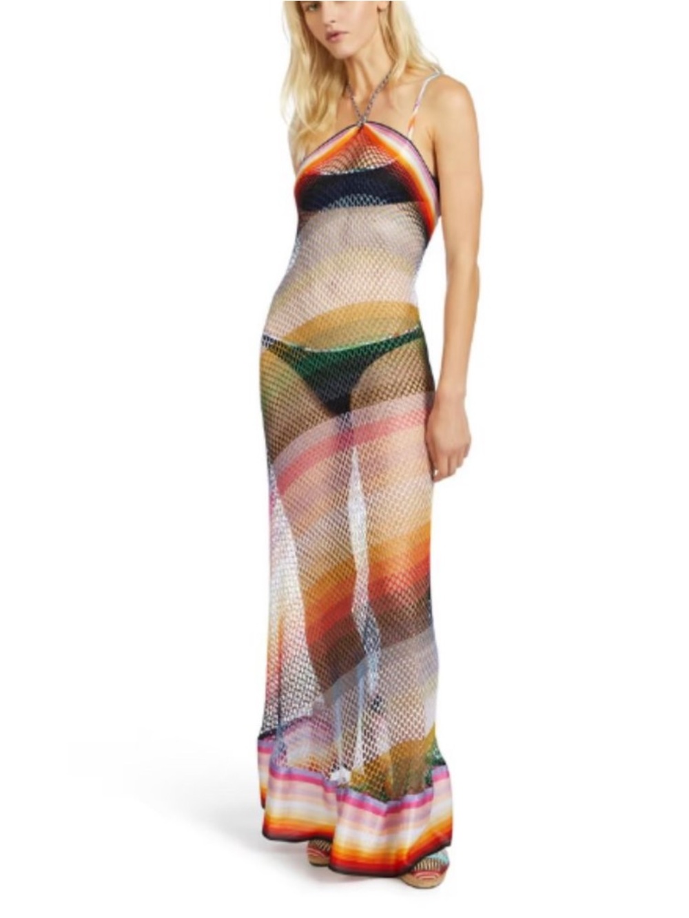 Missoni Multicolor Mesh Striped Crochet Knit Halter Dress Small Beach Cover- Up